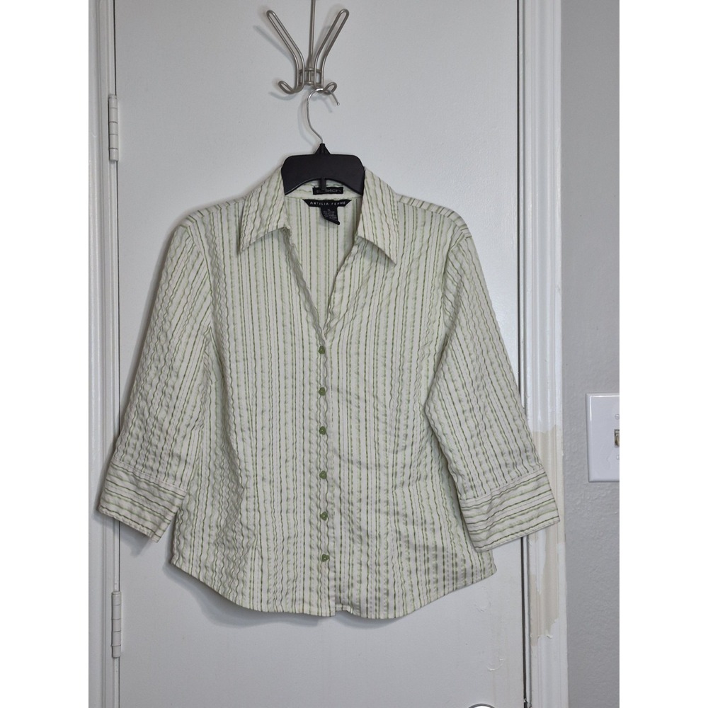 Antilia Femme XL Textured Stripe Button Up Blouse Green Office Top Stretch